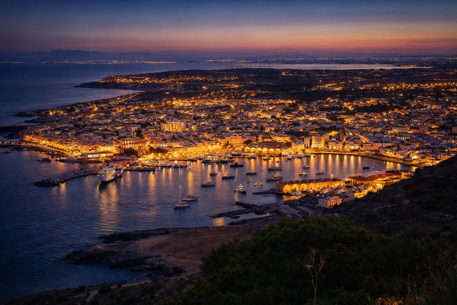 Panorama del porto delle Egadi di sera